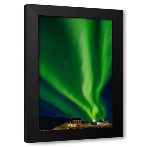 Northern Lights over settlement Kuummiit. Ammassalik area in East Greenland- Danish Territory Black Modern Wood Framed Art Print by Zwick, Martin