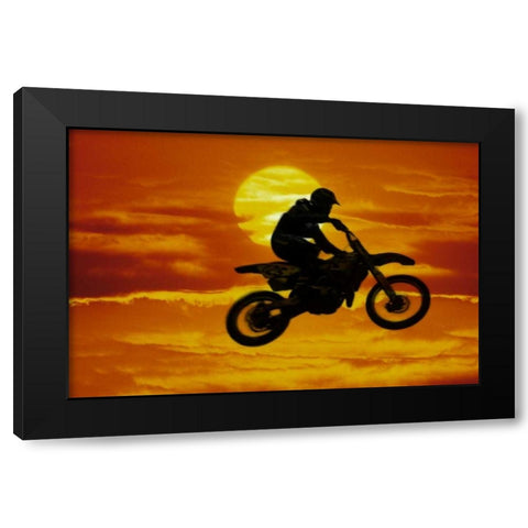 Motocross racer doing jump in front of big sun Black Modern Wood Framed Art Print with Double Matting by Satushek, Steve