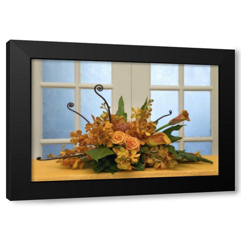 Flower arrangement on table in front of door Black Modern Wood Framed Art Print with Double Matting by Paulson, Don