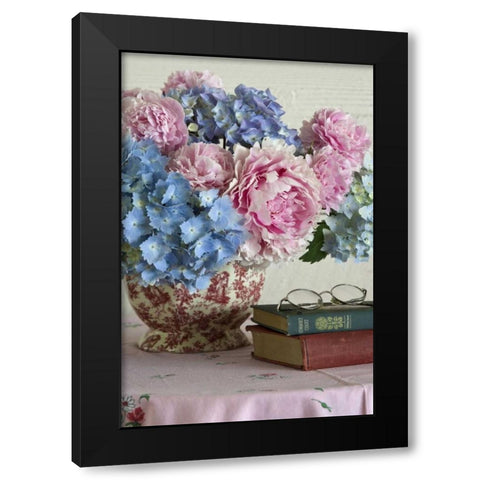 Hydrangea and peony arrangement on table Black Modern Wood Framed Art Print with Double Matting by Paulson, Don