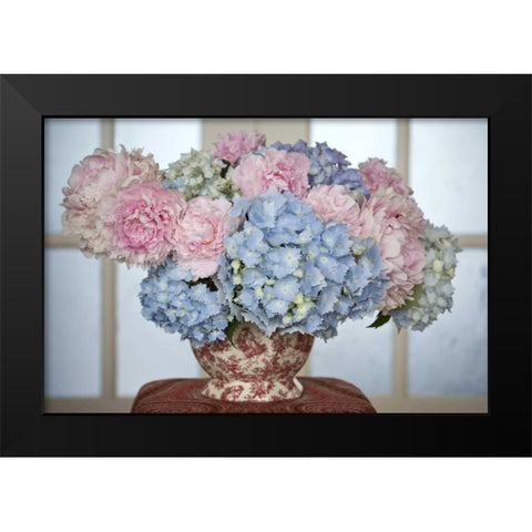 Hydrangea and peony flower arrangement on table Black Modern Wood Framed Art Print by Paulson, Don