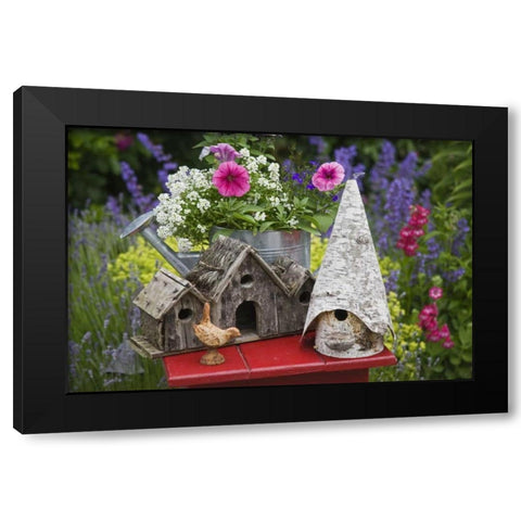 Bird houses and planter on garden table Black Modern Wood Framed Art Print with Double Matting by Paulson, Don