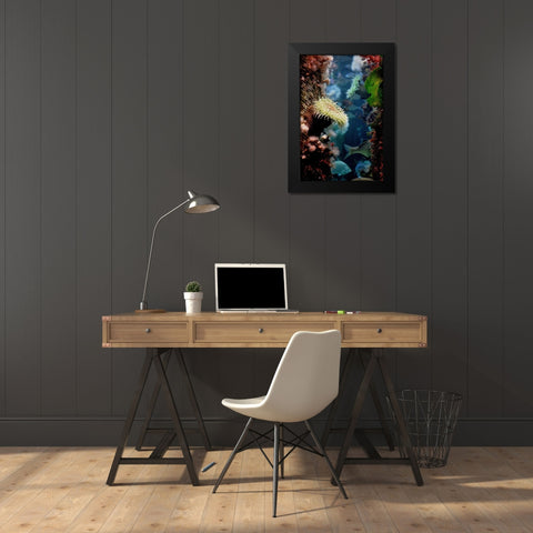 Anemones growing on wood pier pilings Black Modern Wood Framed Art Print by Miller, Anna