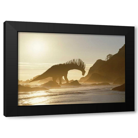 Concept of Amargasaurus dinosaur on ocean shore Black Modern Wood Framed Art Print with Double Matting by Zuckerman, Jim
