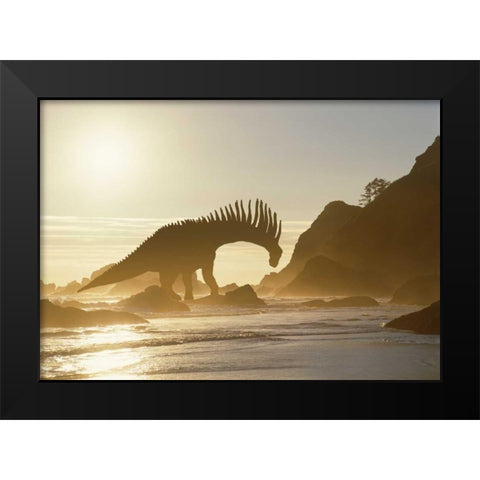 Concept of Amargasaurus dinosaur on ocean shore Black Modern Wood Framed Art Print by Zuckerman, Jim