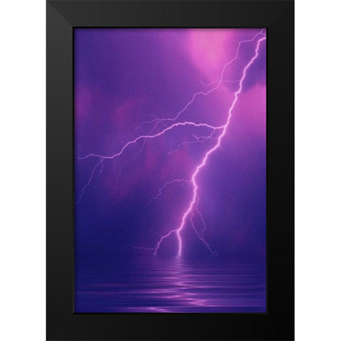Lightning bolts over water Black Modern Wood Framed Art Print by Satushek, Steve