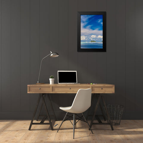 French Polynesia- Moorea. Moored boats and small island. Black Modern Wood Framed Art Print by Jaynes Gallery