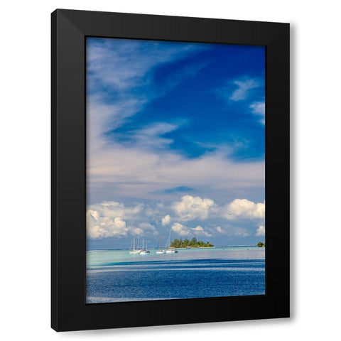 French Polynesia- Moorea. Moored boats and small island. Black Modern Wood Framed Art Print with Double Matting by Jaynes Gallery