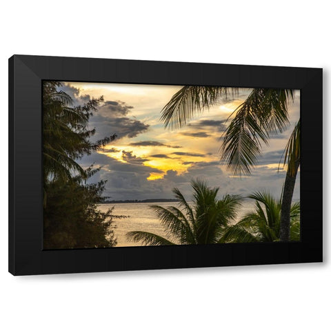 French Polynesia- Moorea. Sunset on island and ocean. Black Modern Wood Framed Art Print by Jaynes Gallery