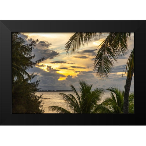 French Polynesia- Moorea. Sunset on island and ocean. Black Modern Wood Framed Art Print by Jaynes Gallery