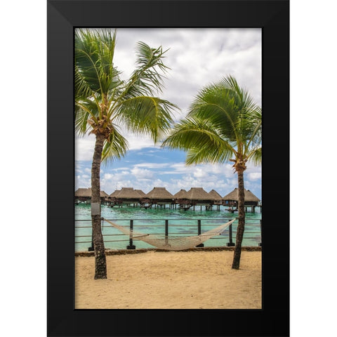 French Polynesia- Moorea. Overwater bungalows and hammock. Black Modern Wood Framed Art Print by Jaynes Gallery