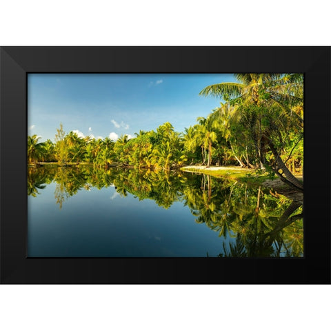 French Polynesia- Tahaa. Tropical jungle reflects in lagoon. Black Modern Wood Framed Art Print by Jaynes Gallery