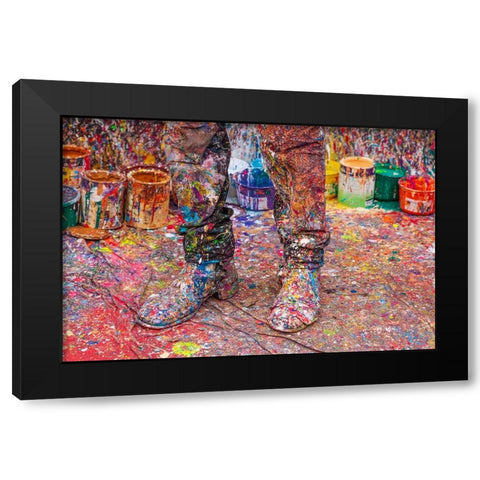 Argentina- Buenos Aires. Colorful paint spatters on artists boots. Black Modern Wood Framed Art Print with Double Matting by Haseltine, Tom
