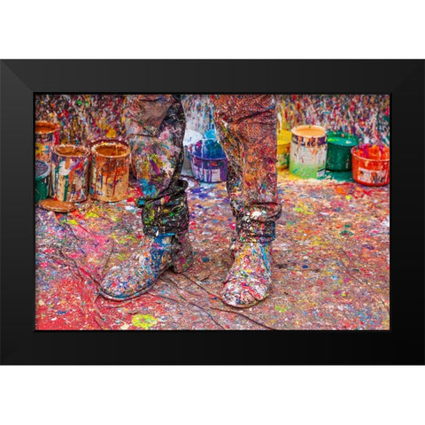 Argentina- Buenos Aires. Colorful paint spatters on artists boots. Black Modern Wood Framed Art Print by Haseltine, Tom