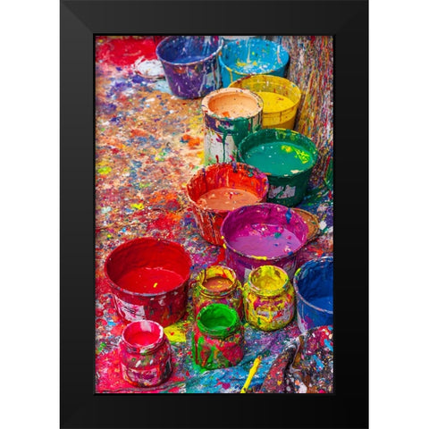 Argentina- Buenos Aires. Colorful paint splatters and buckets. Black Modern Wood Framed Art Print by Haseltine, Tom