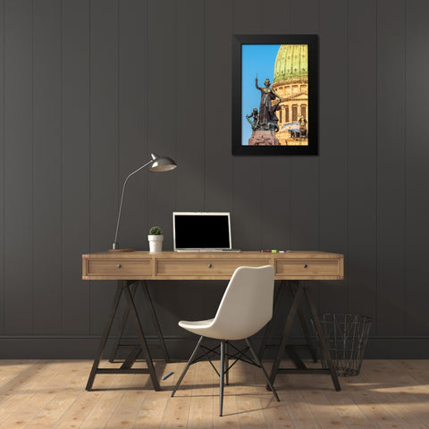 Argentina- Buenos Aires. Statue in front of Capitol building. Black Modern Wood Framed Art Print by Haseltine, Tom