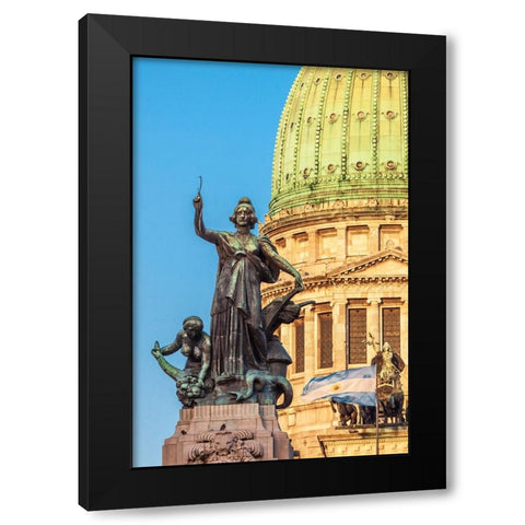 Argentina- Buenos Aires. Statue in front of Capitol building. Black Modern Wood Framed Art Print with Double Matting by Haseltine, Tom