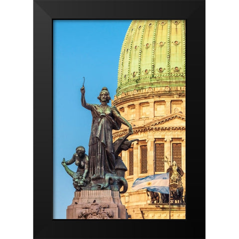 Argentina- Buenos Aires. Statue in front of Capitol building. Black Modern Wood Framed Art Print by Haseltine, Tom