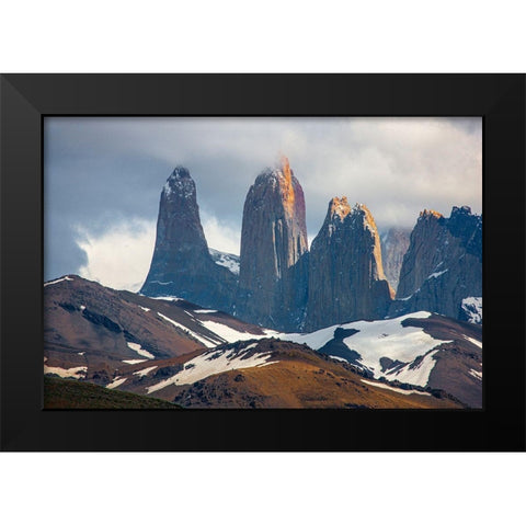 These are the source for the name of the park- the towers-or Torres of Paine Black Modern Wood Framed Art Print by Ostrowitz, Mallorie