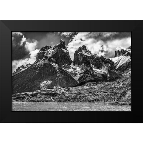 Black and white Large Pehoe Lake Lago Paine Horns three granite peaks-Torres del Paine National Par Black Modern Wood Framed Art Print by Perry, William