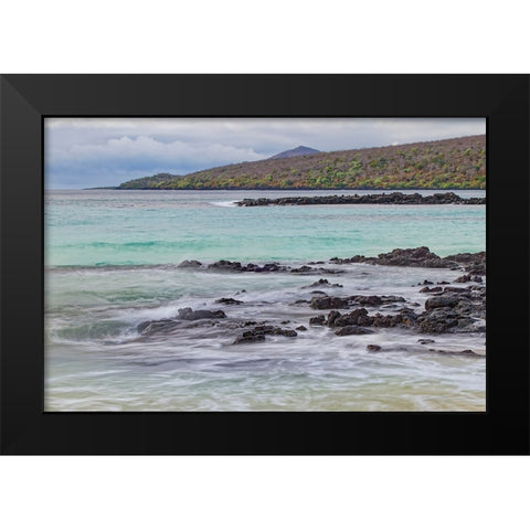 Small waves on lava rocks along shoreline of Floreana Island-Galapagos Islands-Ecuador Black Modern Wood Framed Art Print by Jones, Adam