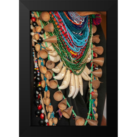 The elaborate regalia of a shaman in the Amazon jungle features jaguar teeth and beads. Black Modern Wood Framed Art Print by Sederquist, Betty