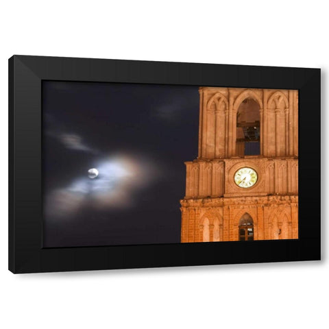 Mexico, Evening sky with moon and church clock Black Modern Wood Framed Art Print by Rotenberg, Nancy