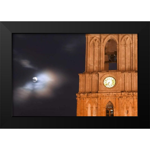 Mexico, Evening sky with moon and church clock Black Modern Wood Framed Art Print by Rotenberg, Nancy