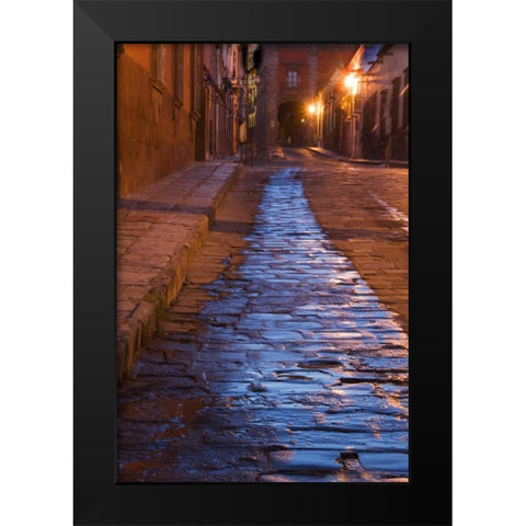 Mexico Streak of water on cobblestone street Black Modern Wood Framed Art Print by Rotenberg, Nancy