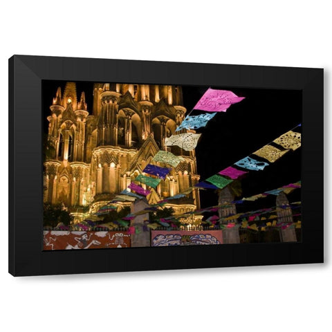 Mexico Festival banners in front of a church Black Modern Wood Framed Art Print with Double Matting by Young, Bill