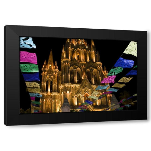 Mexico Festival banners in front of a church Black Modern Wood Framed Art Print by Young, Bill