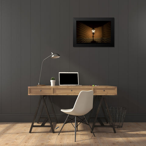 Mexico Wire cage lamp at night creates shadows Black Modern Wood Framed Art Print by Young, Bill
