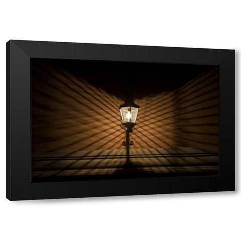 Mexico Wire cage lamp at night creates shadows Black Modern Wood Framed Art Print with Double Matting by Young, Bill