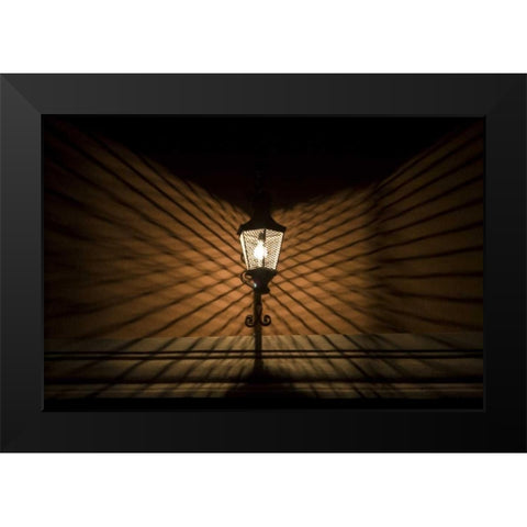 Mexico Wire cage lamp at night creates shadows Black Modern Wood Framed Art Print by Young, Bill