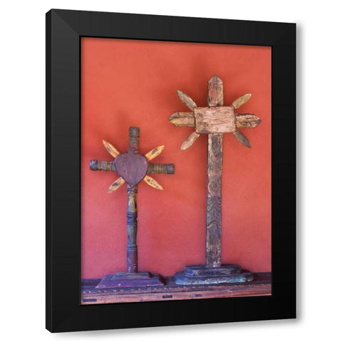 Mexico Two wooden crosses against red wall Black Modern Wood Framed Art Print with Double Matting by Young, Bill