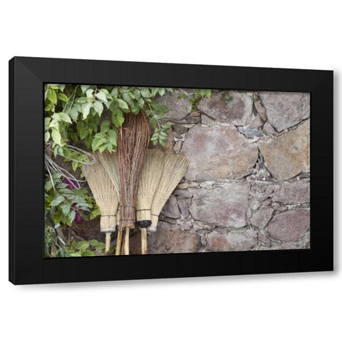 Mexico Brooms leaning against stone wall Black Modern Wood Framed Art Print with Double Matting by Paulson, Don