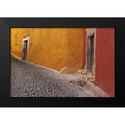 Mexico Painted buildings on cobblestone street Black Modern Wood Framed Art Print by Paulson, Don