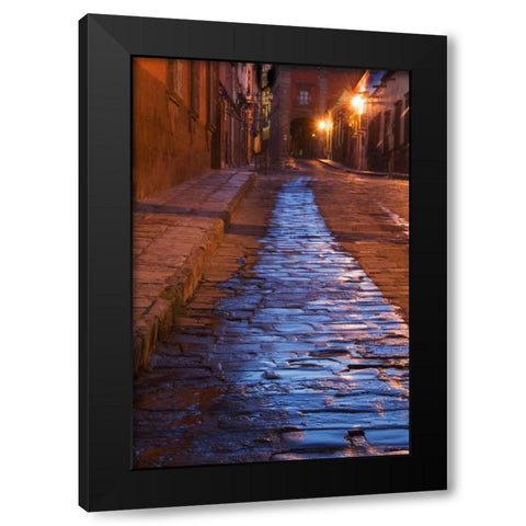 Mexico Lanterns reflect on cobblestone street Black Modern Wood Framed Art Print by Rotenberg, Nancy