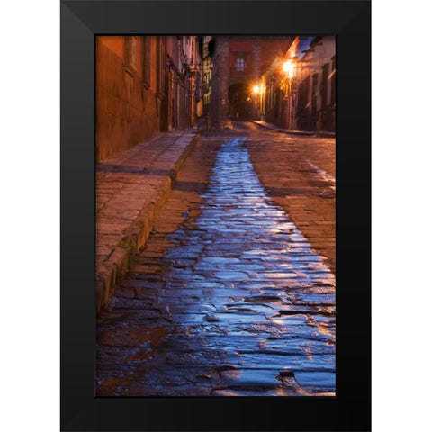 Mexico Lanterns reflect on cobblestone street Black Modern Wood Framed Art Print by Rotenberg, Nancy