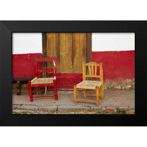 Mexico, Jalisco Rustic door and chairs Black Modern Wood Framed Art Print by Ross, Steve