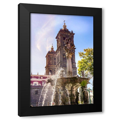 Sun Rays Zocalo Park Plaza San Miguel Archangel Fountain Cathedral Puebla-Mexico  Black Modern Wood Framed Art Print by Perry, William