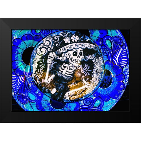 Colorful Mexican ceramic-Day of the Dead skeleton blue plate handicraft Los Cabos-Cabo San Lucas-Me Black Modern Wood Framed Art Print by Perry, William