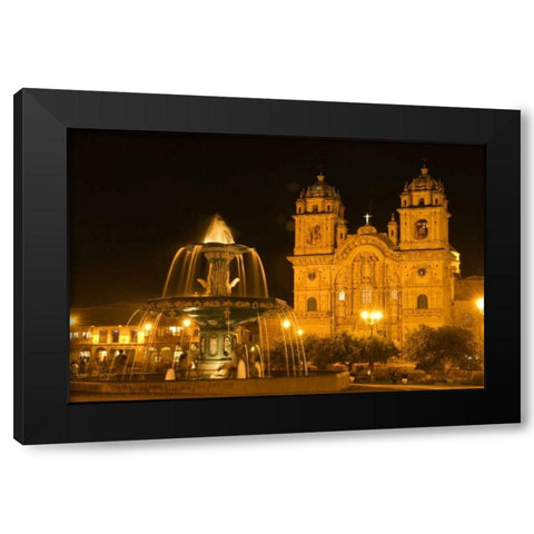 Peru, Cusco, Fountain and Cathedral of Cusco Black Modern Wood Framed Art Print with Double Matting by Kirkland, Dennis