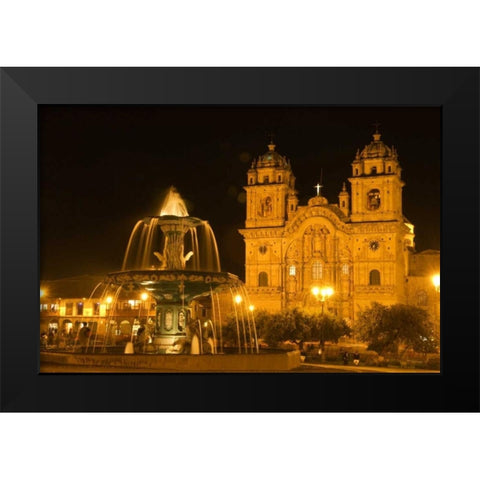 Peru, Cusco, Fountain and Cathedral of Cusco Black Modern Wood Framed Art Print by Kirkland, Dennis