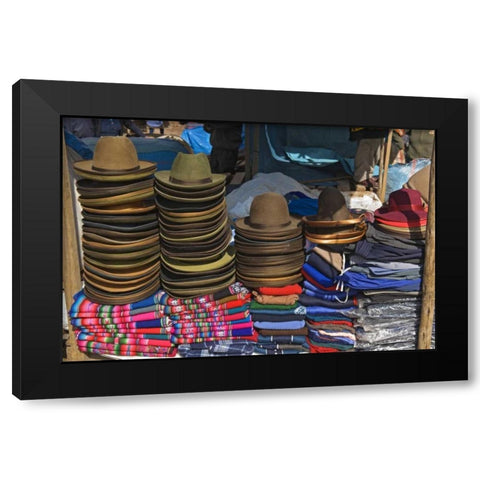 Peru, Pisac, Hats and clothes for sale at market Black Modern Wood Framed Art Print by Kirkland, Dennis