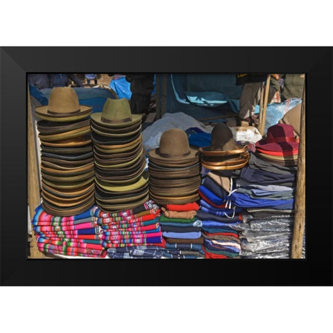 Peru, Pisac, Hats and clothes for sale at market Black Modern Wood Framed Art Print by Kirkland, Dennis
