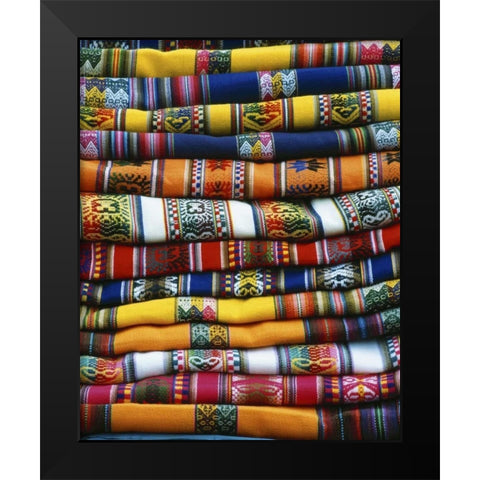 Peru Stack of blankets for sale in market Black Modern Wood Framed Art Print by Zuckerman, Jim