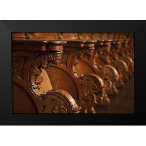 Peru, Lima, Detail of wood seats in the cathedral Black Modern Wood Framed Art Print by Kaveney, Wendy