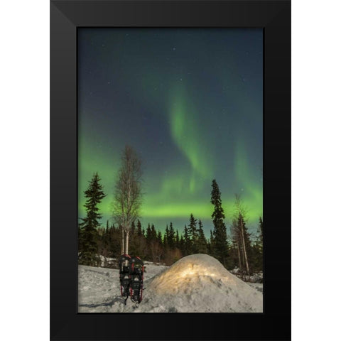 AK A quinzee snow shelter and aurora borealis Black Modern Wood Framed Art Print by Illg, Cathy and Gordon