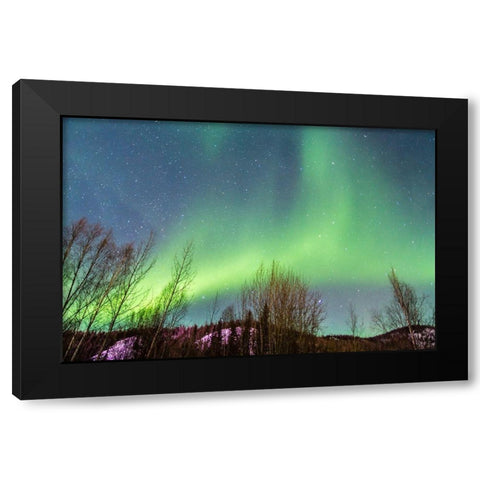 Alaska-Fairbanks Aurora borealis over mountain landscape Black Modern Wood Framed Art Print by Jaynes Gallery